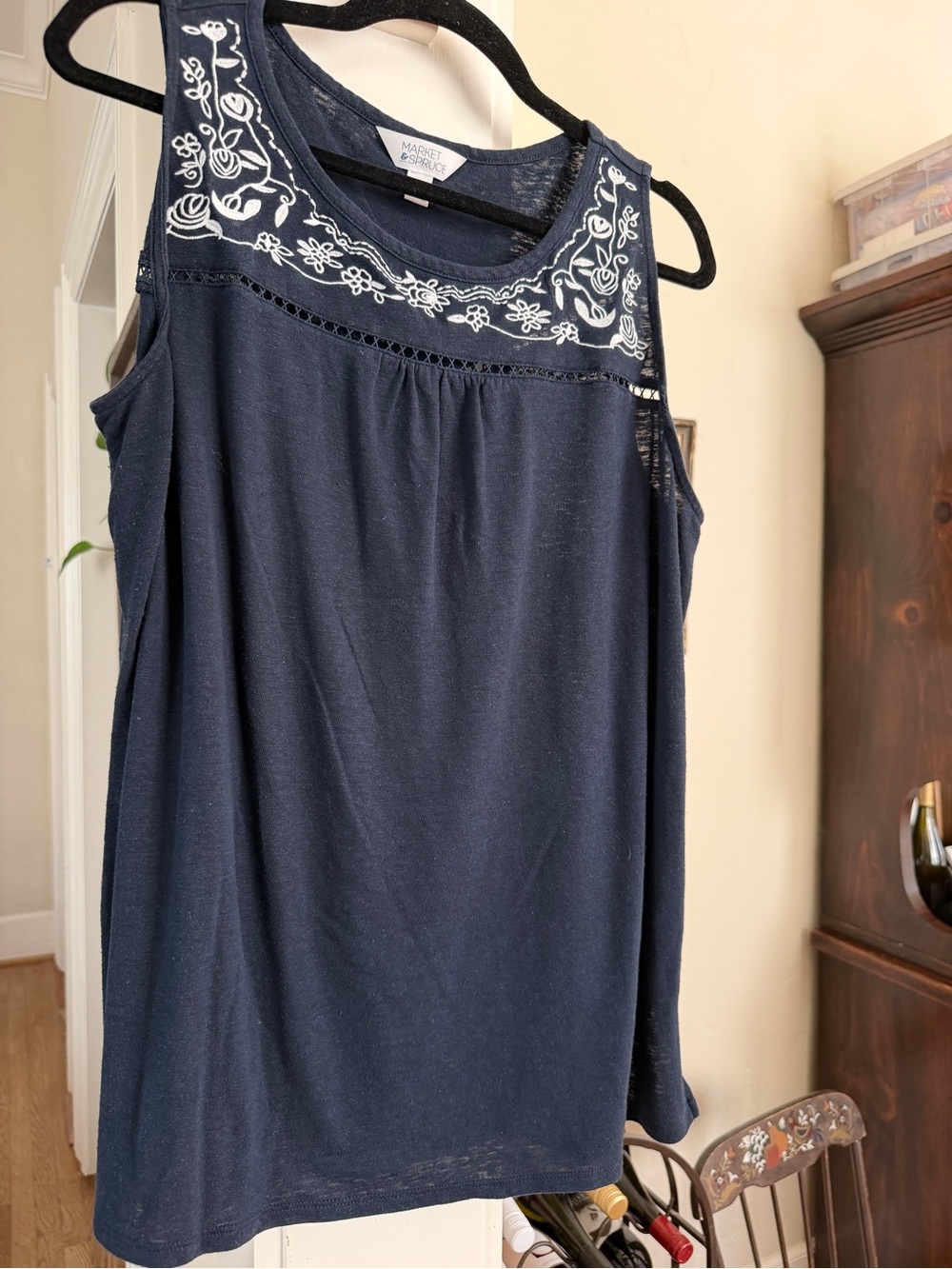 Market & Spruce Navy Tank Top with White Embroidered Yoke